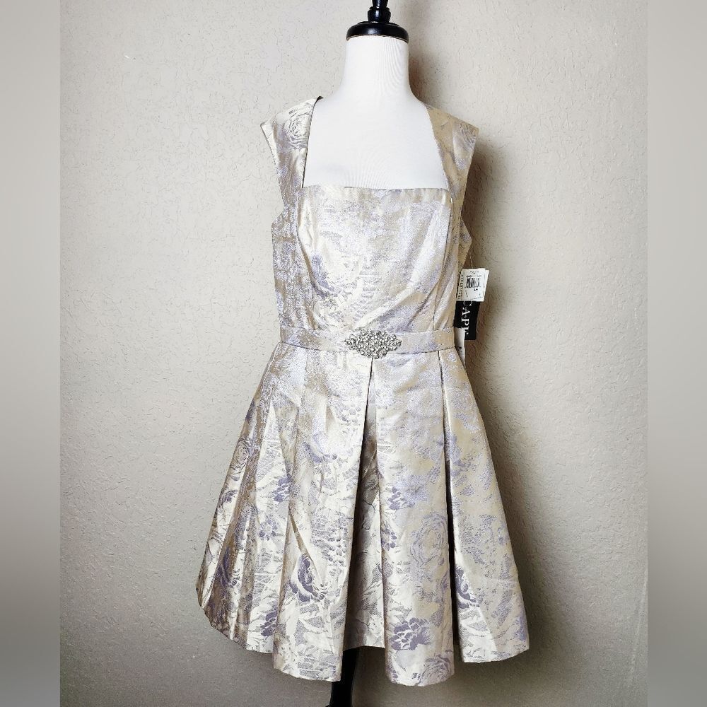 Xscape Jacquard Square Neckline Embellished Belt Dress Beige Silver Size 14 New